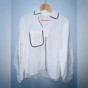 Commense White Long-Sleeve Button Front Blouse with Black Piping
